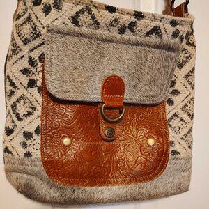 Myra Bags Tooled Leather & Hyde Western Crossbody Purse Worn Distressed Cowboy
